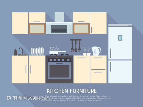厨房室内与家具设备器皿平矢量插图厨房家具插图